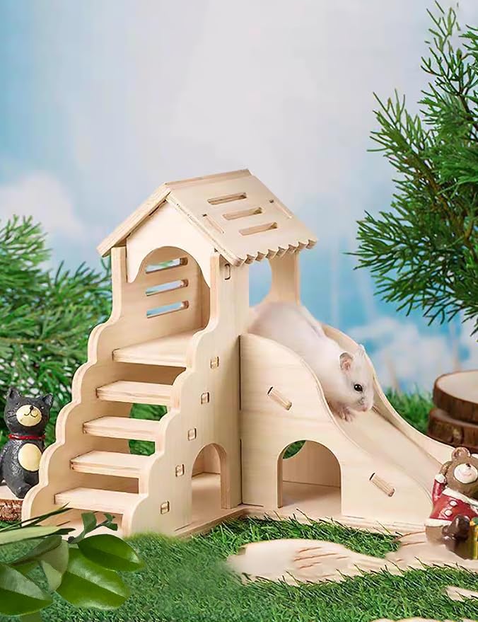 Hamster Hideout Cage Accessories - Hamster House and Habitat Wooden Hide Hut with Climbing Ladder and Slide for Dwarf Gerbils and Mouse Mice Rat Other Small Animals etc.