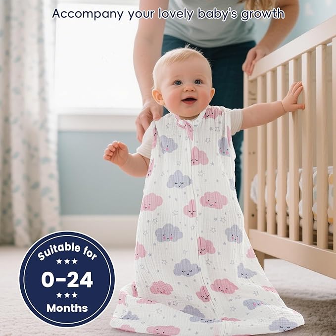PHF 100% Muslin Cotton Baby Sleep Sack, 18-24 Months Baby Wearable Blanket with 2-Way Zipper, 2 Pack Soft Breathable Cooling 0.5 TOG X-Large Size Sleeveless Sleeping Bag for Boys/Girls, Clouds