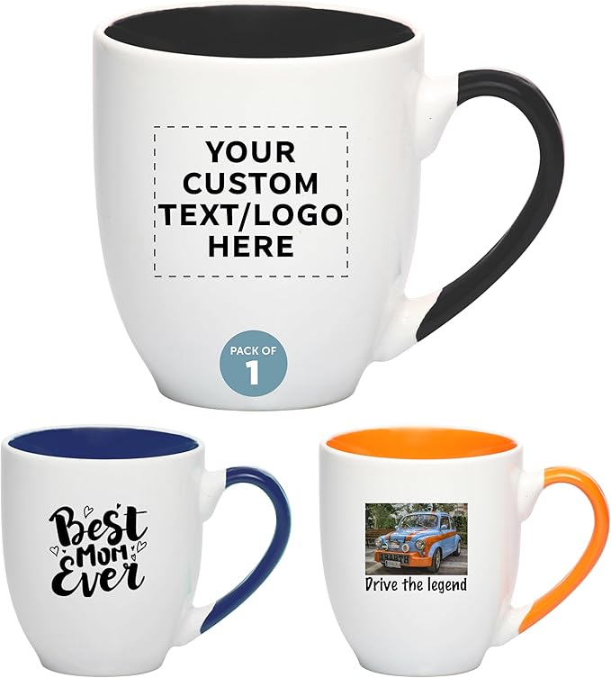 Custom Bistro Style Large Coffee Mugs 16 oz. Set of 1, Personalized Bulk Pack - Perfect for Coffee, Tea, Espresso, Hot Cocoa, Other Beverages - Black