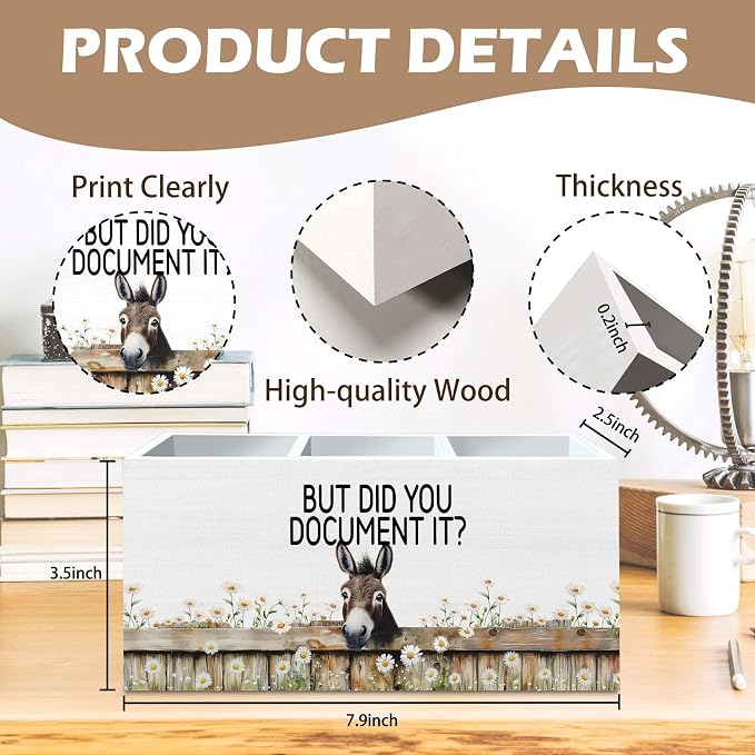 DILSJ Inspirational Donkey Pen Pencil Holder Organizer for Desk, Donkey Gifts for Women, But Did You Document It Wooden Box Signs for Home Office Desk Tabletop Decoration
