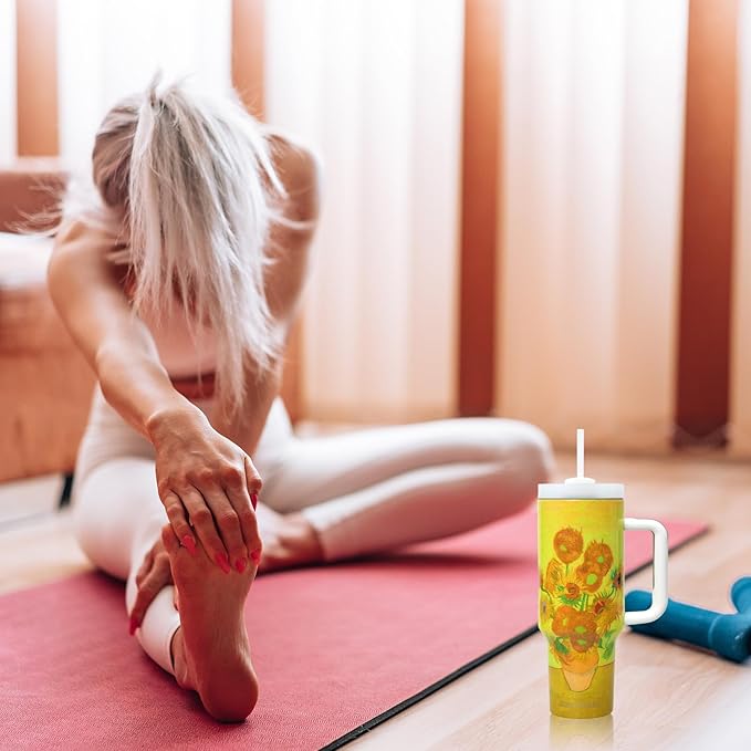 Jormungand 40 oz Tumbler with Handle and Straw, Vacuum Insulated Stainless Steel Cup & Water Bottle, Leakproof Lid, BPA-Free, Cup Holder Friendly for Travel, Keeps Drinks Hot & Cold Sunflower