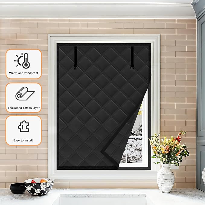 Winter Insulated Window Curtain 39"x63", Oxford Cloth Thermal Insulated Window Cover with Buckles,Heavy Duty Window Insulation Kit Fits Windows Size up to 38"x62",Black