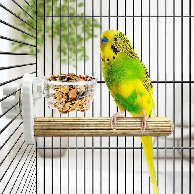 Kathson 3Pcs Bird Perch Feeding Cup Natural Wood Perches with Removable Bird Feeder for Cage Parrot Stand for Parakeets, Budgies, Cockatiels,Parrots, Birds Chewing Stick (White)