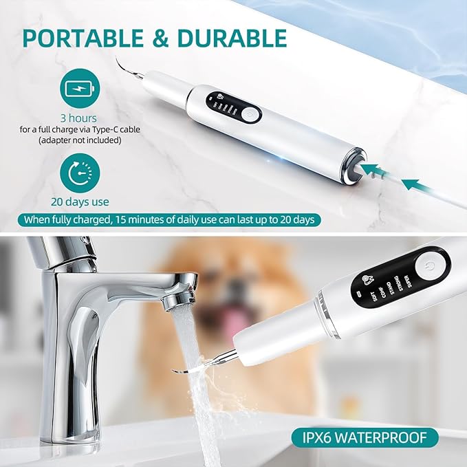 Dog Teeth Cleaning Kit Dog Plaque and Tartar Remover with LED Light 5 Adjustable Modes Electric Toothbrush Pet Teeth Cleaner for Dogs and Cats (White and Blue Finger Cots)