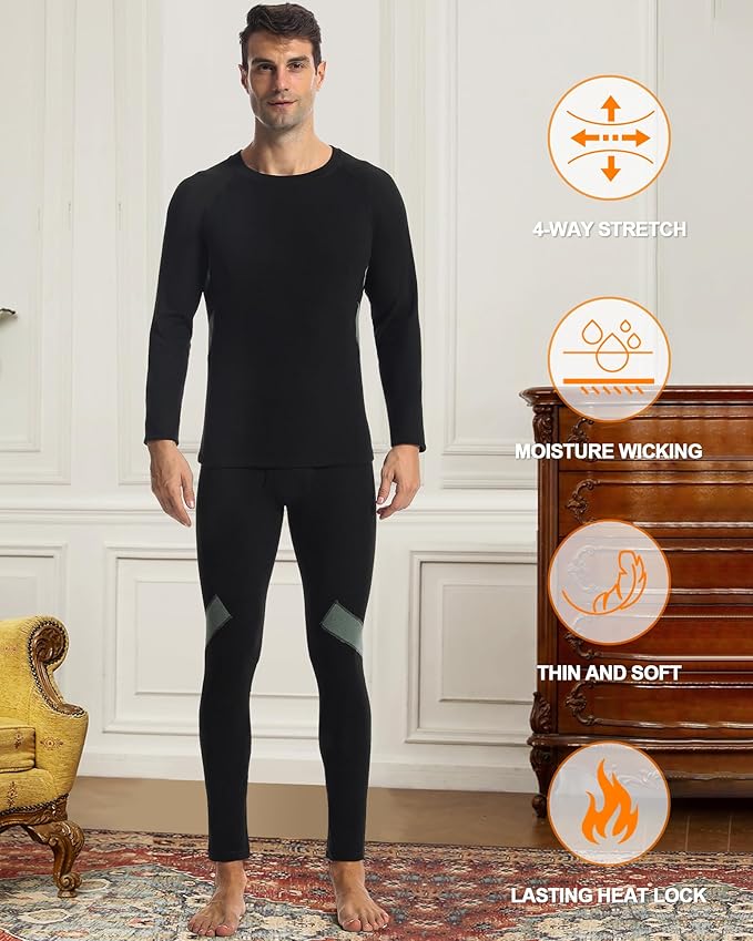 Runhit Mens Thermal Underwear Set:Fleece Lined Long Johns for Men Thermal Shirts and Pants Base Layer Cold Weather Thermals