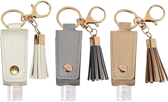Power Gear Portable Empty Travel Bottle Keychain Hand Sanitizer Bottle Holder 3 Pack 1oz / 30ml Small Squeeze Bottle Refillable Containers for Toiletry Shampoo Lotion Soap (White+Grey+Khaki)