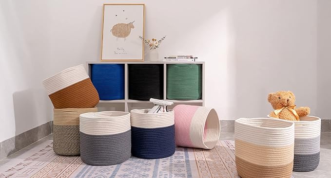 voten Round Storage Cubes Baskets Bins Organizer 11x11x11'' Fit 12x12'' Cube Storage, Durable Woven Cotton Rope, 3-Tone Honey, 3-Pack, Collapsible