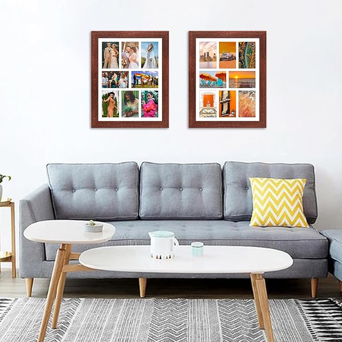 13x17 Picture Frame Display 8 opening 4X6 Picture Frame Collage,Multi Photo Frame with Mat,Plexiglass,Wall or Tabletop Decor,Walnut Wood Grain