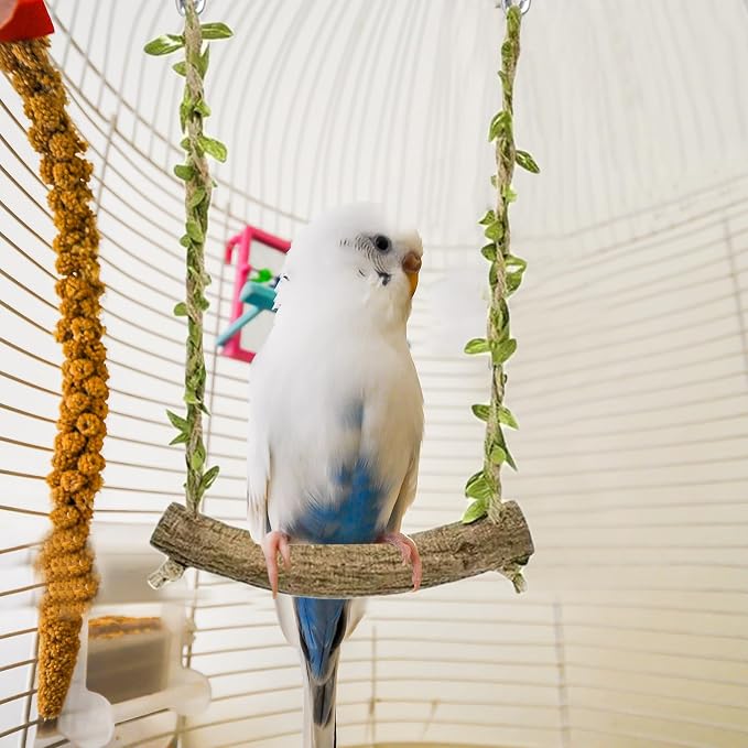Natural Wood Bird Swing Perch with Decorative Leaves - 7.1" Durable Bird Stand Platform Toy for Cage, Hanging Budgie Parakeet Hammock Accessories for Lovebirds, Cockatiels, Conures, Finches