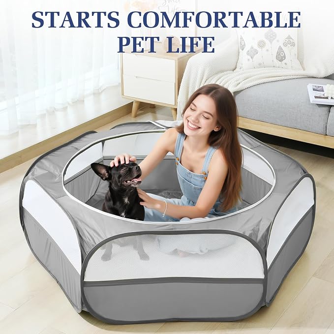 Pawaboo 2-in-1 Small Animals Playpen with Pad, Gray+Gray | Waterproof, Reusable Pad, Portable Outdoor Yard Fence with 3 Metal Rod, For Chick/Kitten/Guinea Pig/Rabbits/Chinchillas