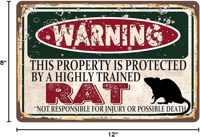 Vintage Rat Metal Sign Wall decor | Warning this property is protected by a highly trained Rat Sign Funny Tin Signs 12x8 Inch