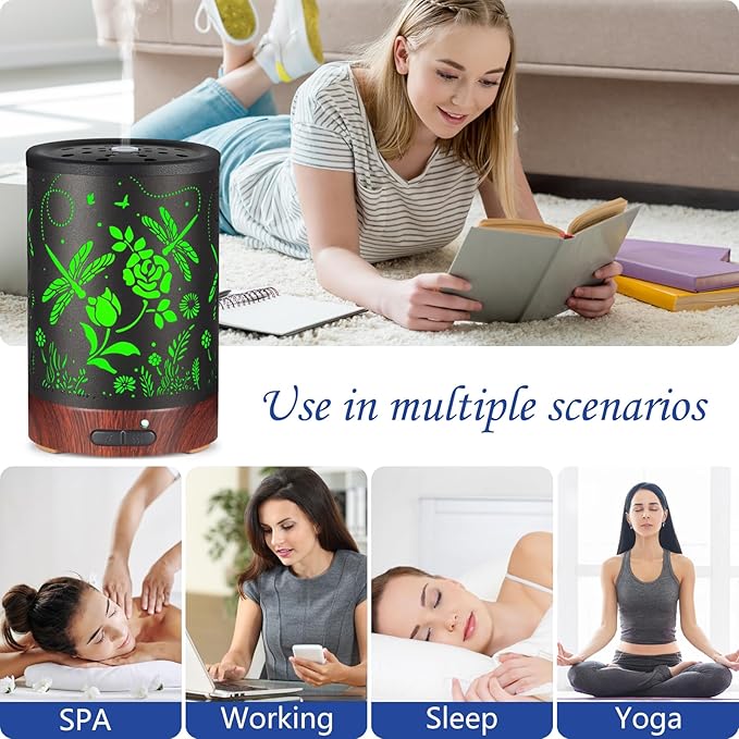 Essential Oil Diffuser- Aromatherapy Diffuser with7 Colors Light, and Auto-Off - Metal Cool Mist Humidifier for Home and Office(Roses + Dragonflies)…