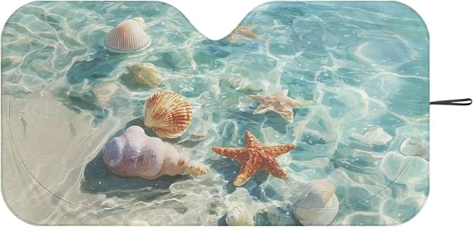 Seashell Starfish Car Windshield Sun Shade Foldable Car Windshield Sunshades Car Front Window Covers for Cars Interior Accessories Universal for Most Sedan Truck SUV