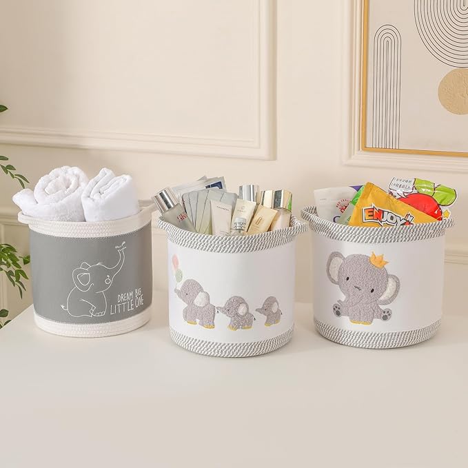 Toy Basket for Baby Laundry Hamper Blanket Baskets Cute Elephant Nursery Hampers Toy Storage Basket, Woven Cotton Rope Nursery Organization Bins For Girls Boys Kids Baby Shower Gifts Baskets