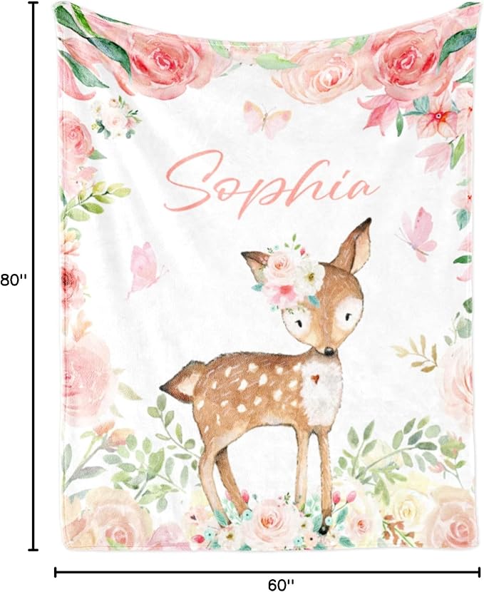 Personalized Deer Baby Blanket for Girl, Custom Name Blanket for Newborn Girl, Soft Flannel Toddler Blanket Customized Gift for Birthday Christmas Baby Shower 60" X 80"