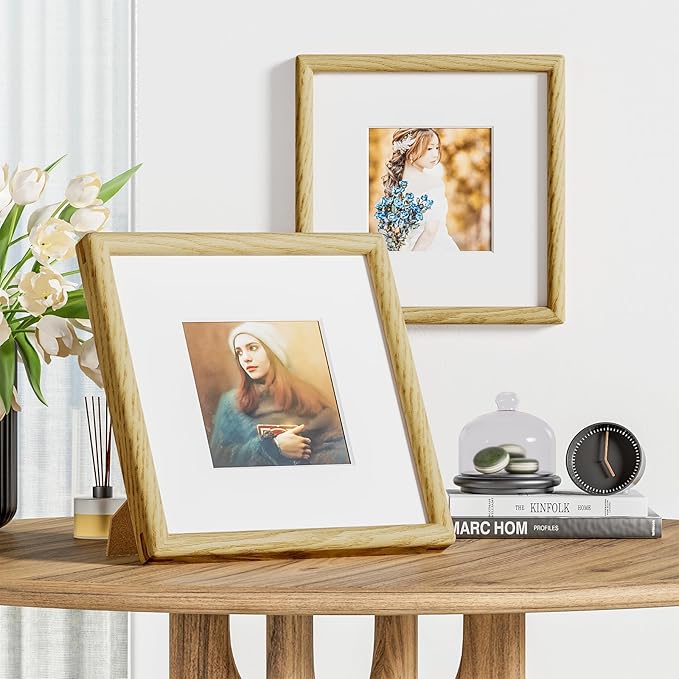 8x8 Picture Frame Natural Oak Wood From California-USA with Real Tempered Glass, Handcrafted 8 x 8 Photo Frame Matted to 4x4 Wedding Photo,Family Picture,Graduation Picture Display on Table & Wall