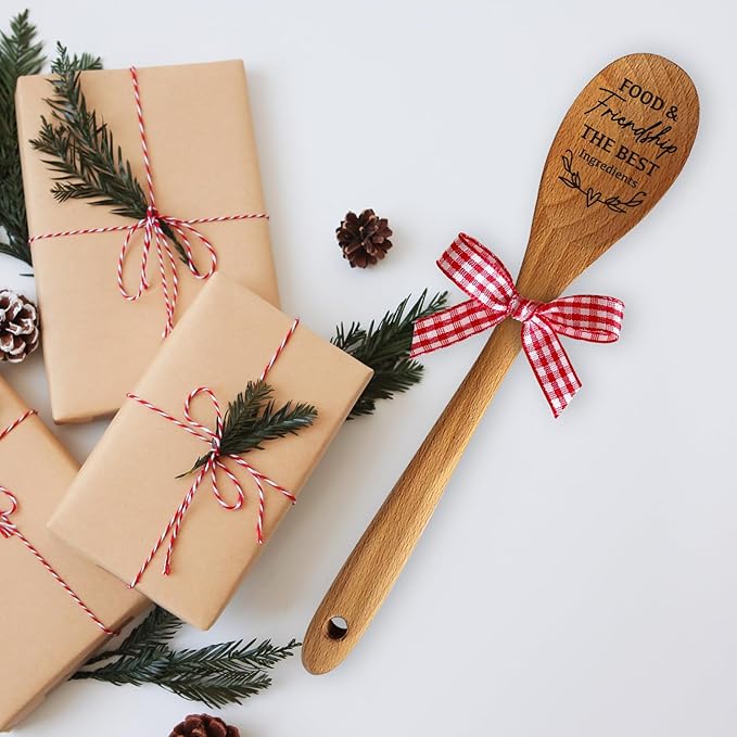 Food & Friendship Soup Salad Mixing Stir Serving Wooden Spoon for Cooking for Chef Mom Family and Friends Christmas Birthday Thanksgiving Day Stocking Stuffers Decor Gift