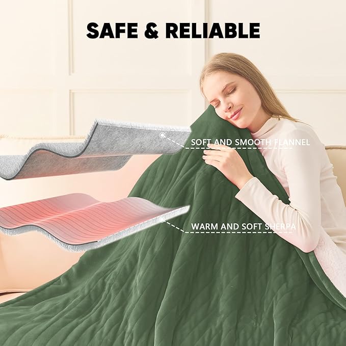 greenoak Heated Blanket Electric Queen Size 84"X90" Dual Control, Heating Blankets with 10 Levels 8 Hours Auto-Off, Soft Sherpa Fluffy House Warming Gifts for Grandma Seniors Momt,Jade Green