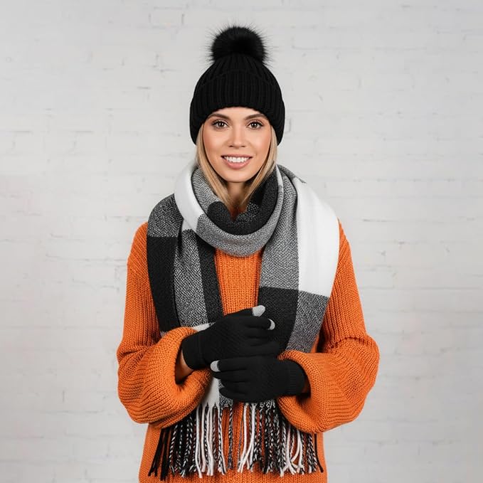 Geyoga 6 Pcs Winter Hat Scarf Gloves Set Knitted Touchscreen Gloves Plaid Scarf Earmuffs Socks Gift for Women Men
