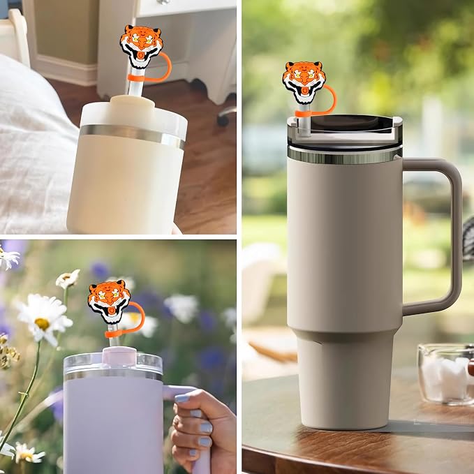 Animal Straw Toppers For Stanley Cups;Straw Covers Cap Toppers Compatible With Stanley 30&40 Oz Tumbler, Reusable & Silicone Tumbler Straws Topper For 0.4 Inch Tips Animal Lover Gifts (Tiger)