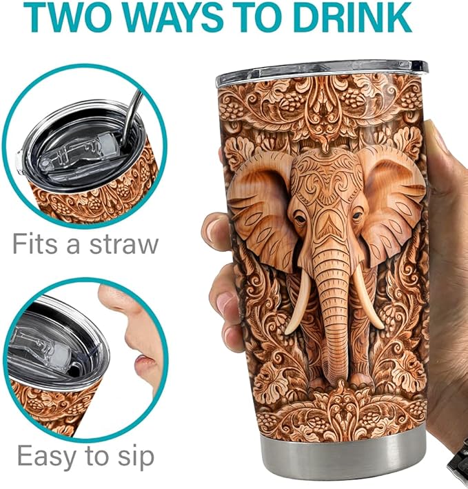 SANDJEST Elephant Tumbler 20oz Elephants Wood Drawing Stainless Steel Insulated Tumblers Coffee Travel Mug Cup Gifts for Women Men Elephant Gift for Birthday Christmas