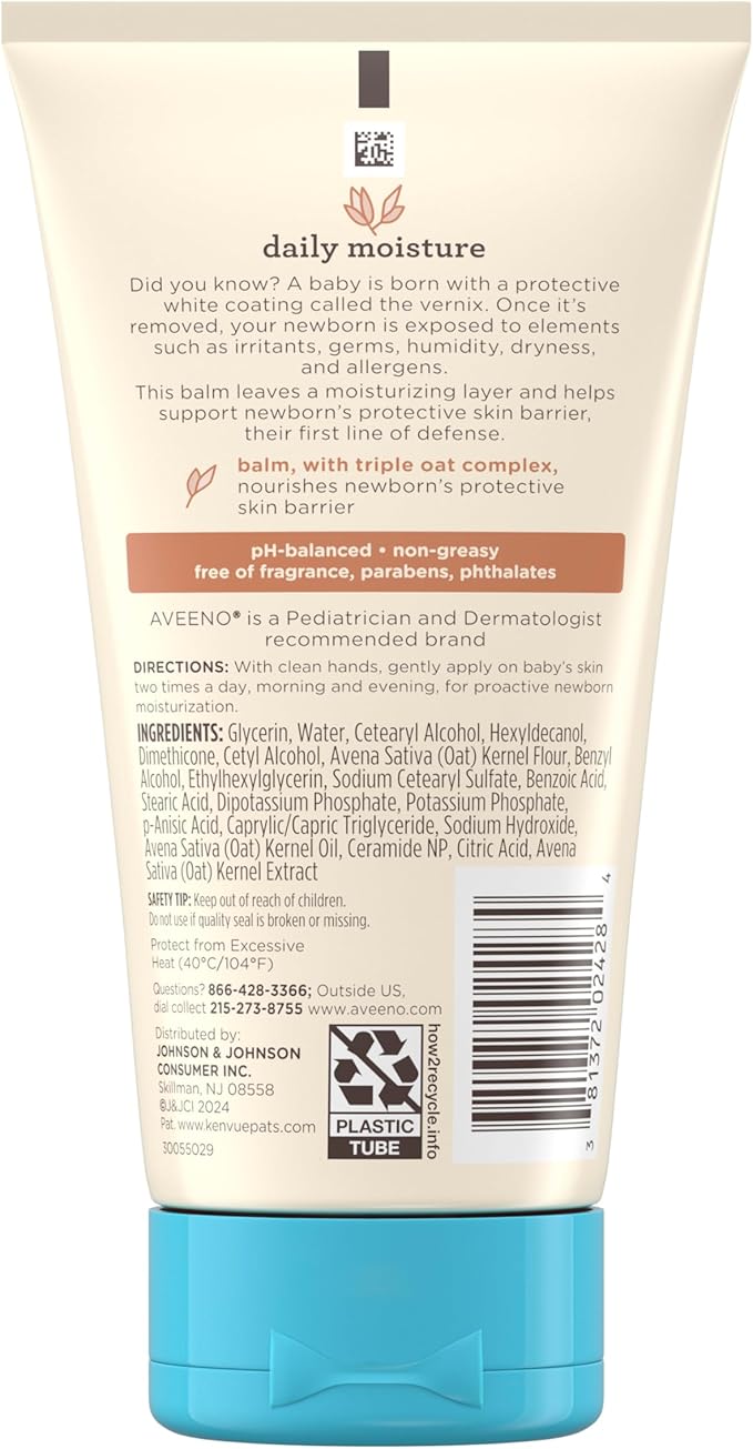 Aveeno Baby Healthy Start Nourishing Newborn Balm, Hypoallergenic Baby Skin Balm with Prebiotic Oat Leaves a Nourishing Layer to Care for Newborn Skin, Fragrance-Free, 5 oz