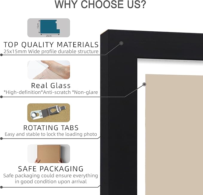 8x10 Picture Frame Set of 4, Made of Real Glass and Black Wooden Frame, 8 by 10 Photo for Wall or Tabletop - Display Picture 5x7 with Mat or 8x10 Without Mat