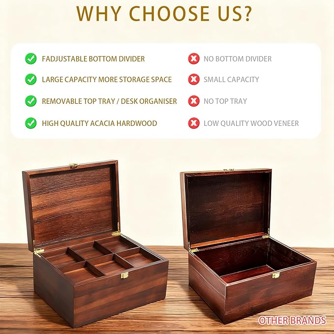 Large Wooden Keepsake Box - Wood Storage Box Decorative Boxes with Adjustable Tray for Storing Keepsake Memory Gift, 12.5 Keepsake Boxes for Home Decor-WB006 (Brown, 12.5 x 9.4 x 6.1 IN)