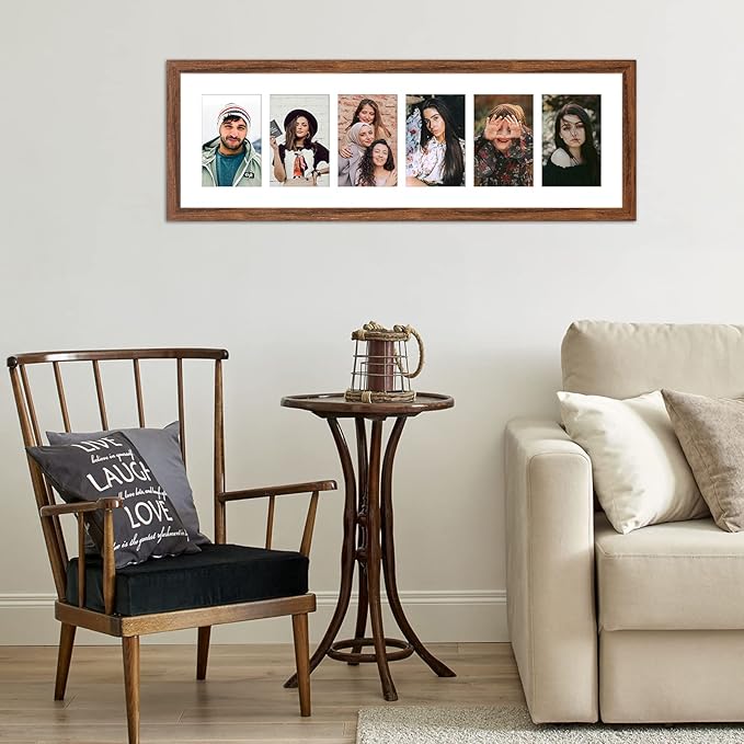 8x26 Collage frame with 6 Openings 4X6 Pictures, Multiple Picture Frame with Mat, Wall or Tabletop Decor, Carbonized Brown Wood Grain (1 Pack)