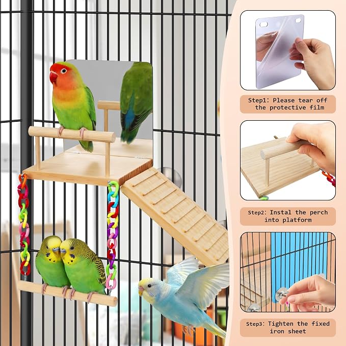 Bird Perches Swing Platform with Bird Mirror Birds Ladder Toys | Climbing Ladder Cage Accessories for Cocktail, Budgie, Lovebirds, Parrotlets Play Gym Exercise Stand (with Mirror)
