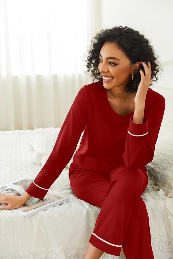 Ekouaer Womens 2 Pack Pajama Set Long Sleeve Pajamas Top and Pants V Neck Pjs Set Soft Loungewear with Pockets