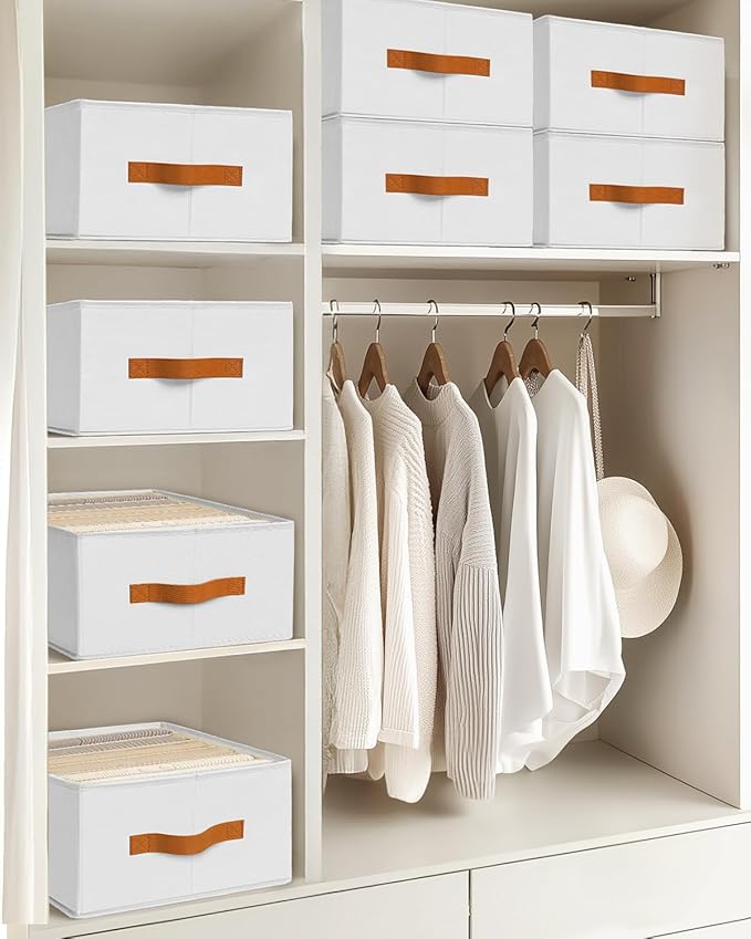 Closet Organizers and Storage - Fabric Clothes Organizer with Handles, Foldable Jeans Organizer for Clothes, Drawer Organizer for Shirts, Bra, Sweater, Scarf, 4 Pack, White