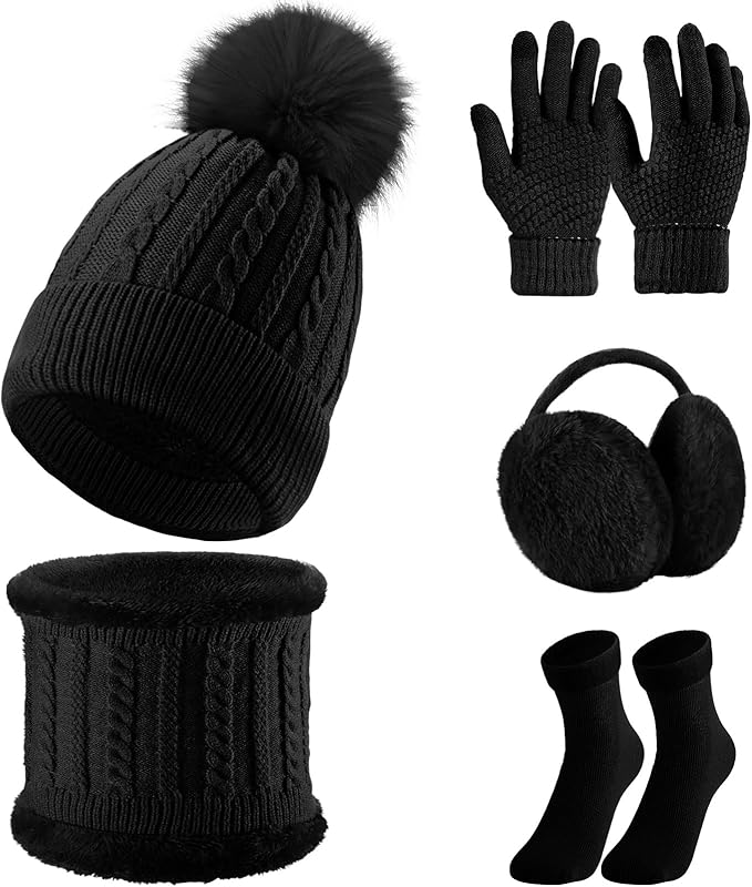 SATINIOR 5 Pcs Winter Hat Scarf Gloves Set Fleece Lined Knit Beanie Hat Warm Touch Screen Gloves Earmuff Warmer for Women(Black,Beauty Style)