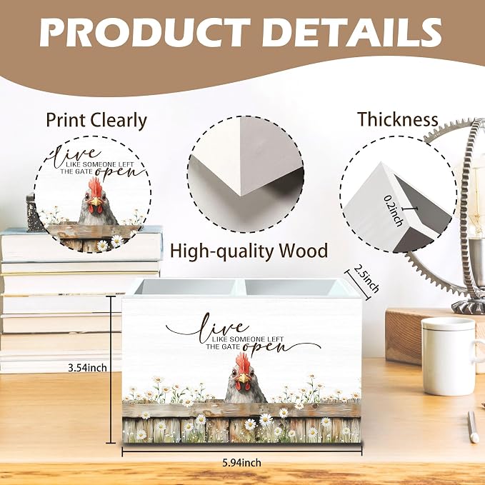 DILSJ Inspirational Chicken 2 Compartment Pen Pencil Holder Organizer for Desk, Chicken Lovers Gifts for Women, Live Like Someone Left The Gate Open Wooden Box Signs for Home Office & School Supplies