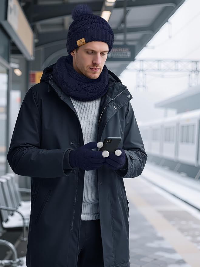 URATOT 4-In-1 Winter Warm Sets Knitted Scarf Touch Screen Gloves Beanie Pompom Hat and Winter Ear Warmer for Men or Women