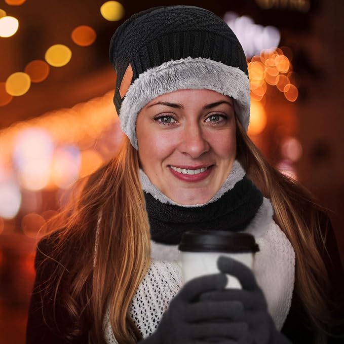Winter Fleece Lined Beanie Hat Scarf Sock Touchscreen Gloves Set for Men Women