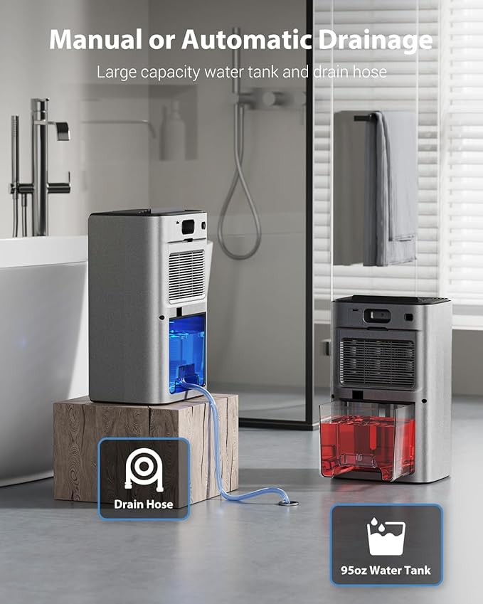 Dehumidifiers for Home, 850 sq.ft 95oz Dehumidifier with Drain Hose Timer Sleep Mode Auto-Off 7 Colors Light, Dehumidifiers for Basements Bathroom Bedroom RV Grey