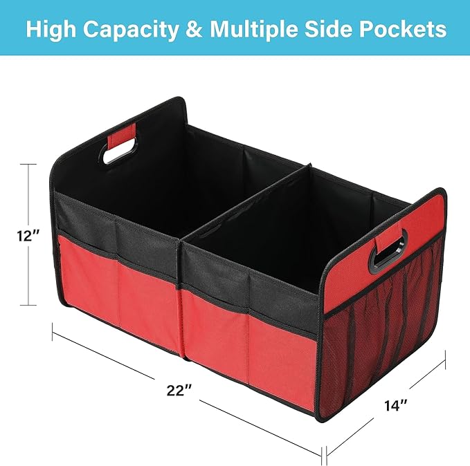 Simple Deluxe Trunk Organizer for Car/SUV/Truck, Collapsible 2 Compartment 50L Automotive Storage Box with 5 Pocket, 600D Waterproof Oxford Polyester, Anti-slip & Leak-proof, Red, 2 Pack