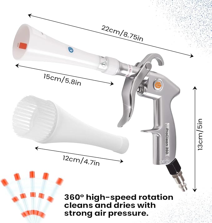 ProClean 360 Tornado Car Cleaning Gun β High Pressure Air Blow & Detailing Tool with Rotating Nozzle, Upholstery & Carpet Cleaner, Auto Detailing Blow Gun for Seats, Vents, Engines, Home Use