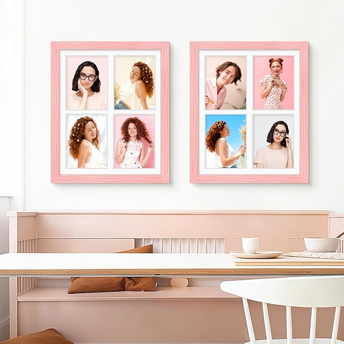 12x16 Picture Frame 5x7 Collage Picture Frame Displays Four 5x7 inch Photos or 12x16 (Without Mat) for Available Horizontal Wall Mounting Display and Vertical Pink