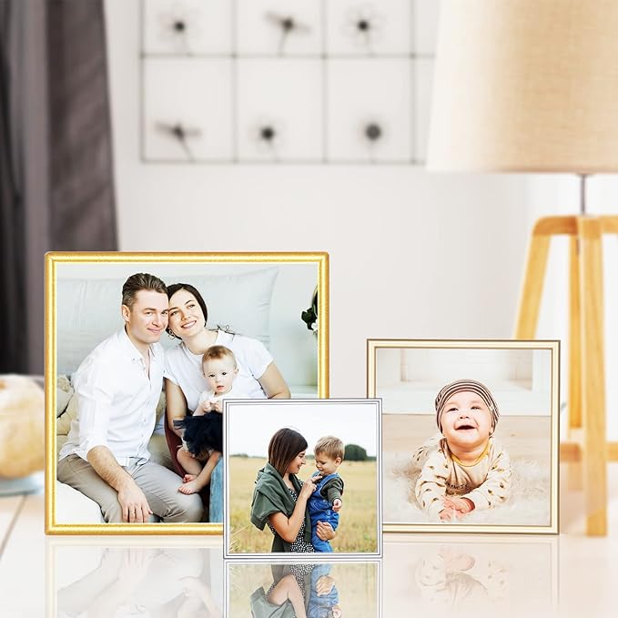 6x6 Picture Frame Set of 2, Silver Modern Simple Thin Aluminum Metal Square Photo Frames with HD Glass, Display for Tabletop and Wall, 2 Pack
