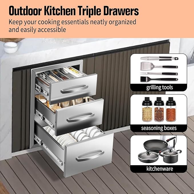 Outdoor Kitchen Drawers Stainless Steel 14W x 20.3H x 23D Inch, Flush Mount Triple BBQ Island Drawers with Handle for Outdoor Kitchens, Patio or Grill Station