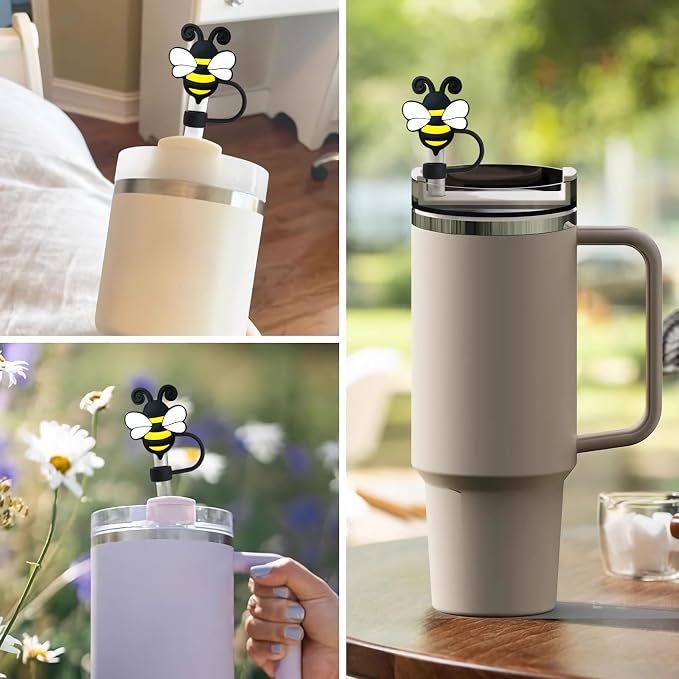 Animal Straw Toppers For Stanley Cups;Straw Covers Cap Toppers Compatible With Stanley 30&40 Oz Tumbler, Reusable & Silicone Tumbler Straws Topper For 0.4 Inch Tips Animal Lover Gifts (Bee)