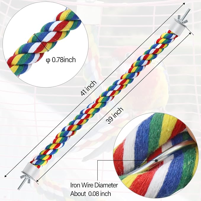 Mygeromon Bird Rope Perches Cage Climbing Accessories (41inch Metal nut) | for Parakeet, Parrot, Cockatiels, Budgie, Colorful