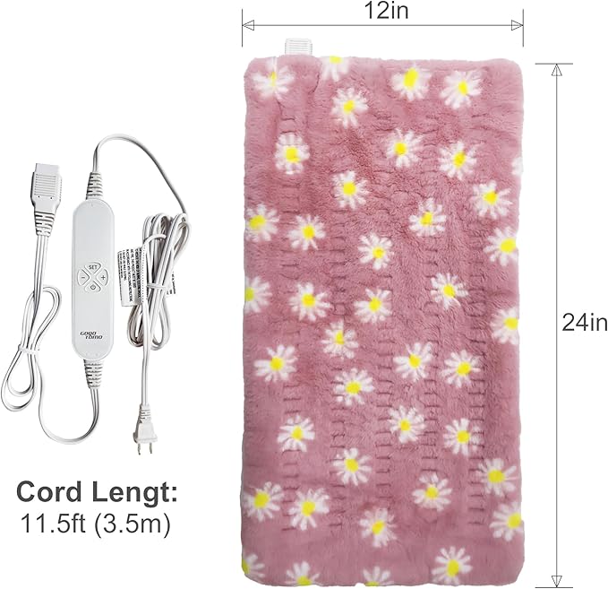GOQO TOMO Heating Pad, 12 x 24 Inch, Pink Floral Pattern, Machine Washable, 8 Timer Settings, 12 Heat Levels, for Back Pain Relief-P01