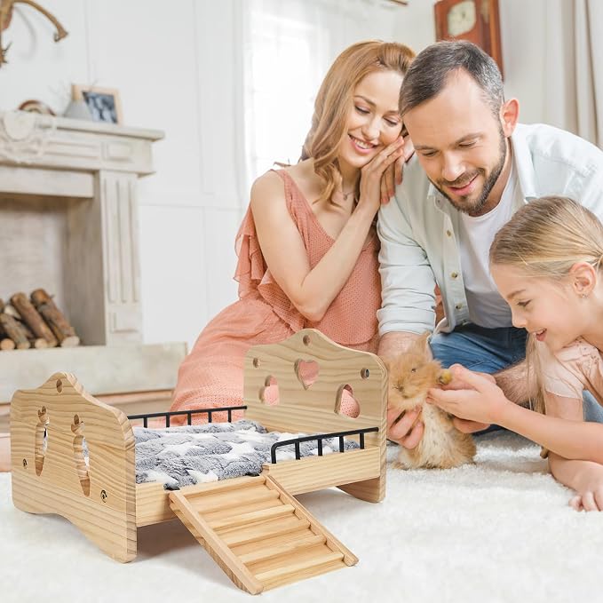 Wooden Bunny Bed 2 in 1 Rabbit Guinea Pig Bed Small Animal Bed with Stairs | With Detachable Stairs Washable Reversible Mat Guinea Pig Toys for Bunnies Chinchillas Hamster Ferret Small Rabbits Bunny
