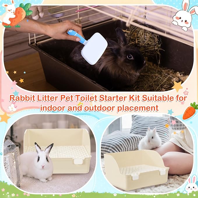 Reallnaive 15 Pcs Rabbit Starter Kit Small Rabbit Litter Box Girls Gift Animal Grooming Kit Bunny Toys Bowl Blankets with Cleaning Set for Guinea Pig Accessories(Beige)
