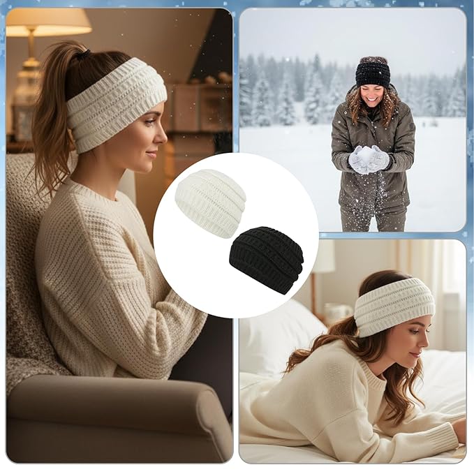 2-Pack Winter Headbands with Plush Fleece Lining, Fleece Ear Warmer Headbands for Women, Black and White Yarn Head Warmers for Outdoor Activities 
