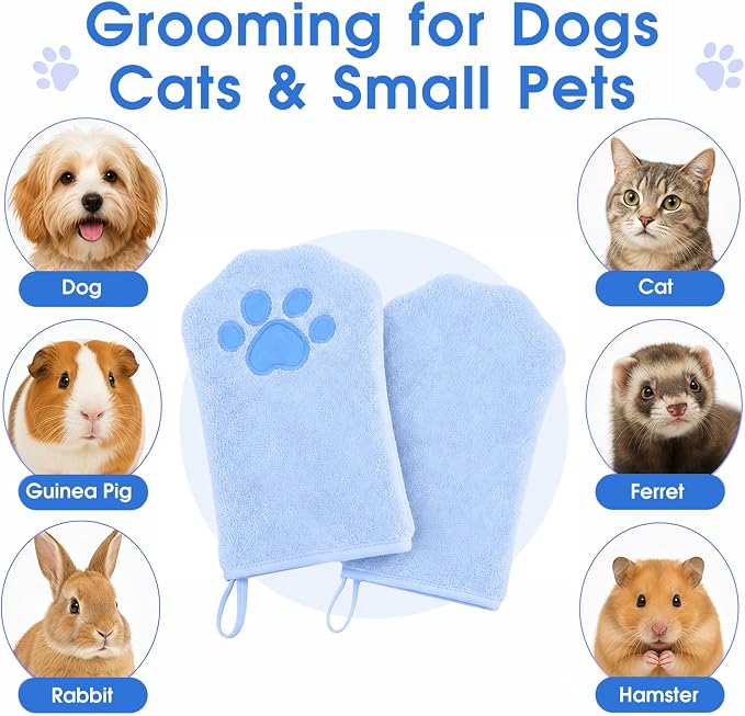 A Pair of Microfiber Reusable Pet Grooming Towel Gloves, Machine-Washable Double-Sided Bath Mitts, Dirt & Odor Removal Cleaner for Dog and Cat Paws & Coat (Blue)