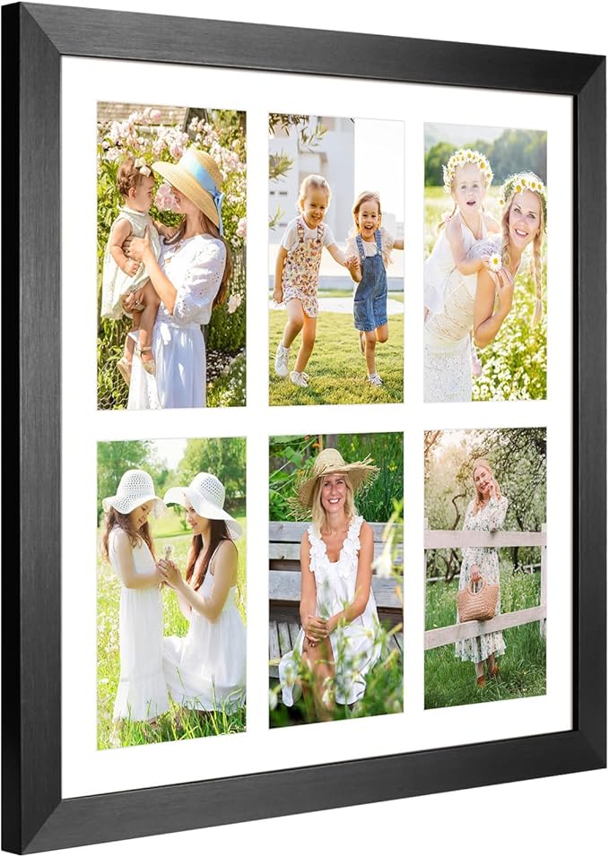 13x13 Collage frame with 6 Openings 4X6 Pictures, Multiple Picture Frame with Mat, Wall or Tabletop Decor, Black Wood Grain,2 Pack